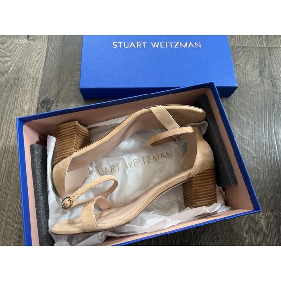 Stuart Weitzman Simple Adobe Suede Stacked Nudist Sandal Heel 39 8.5 NEW W/BOX - Picture 7 of 8